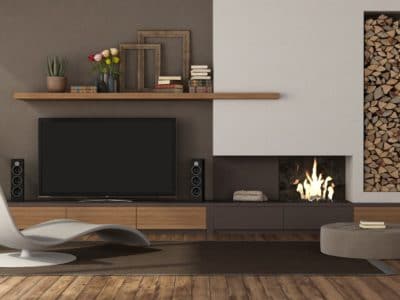 Modern living room with fireplace and tv set